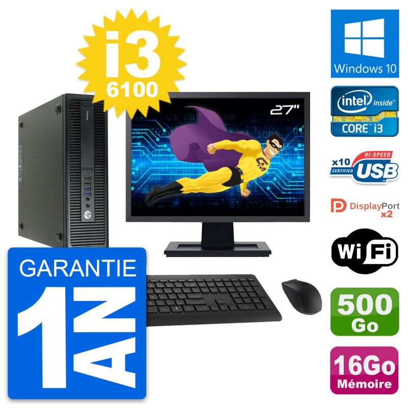 HP ProDesk 600 G2 SFF Computer - 27" Screen, Intel i3-6100, 16GB RAM, 500GB Disk, Windows 10, WiFi