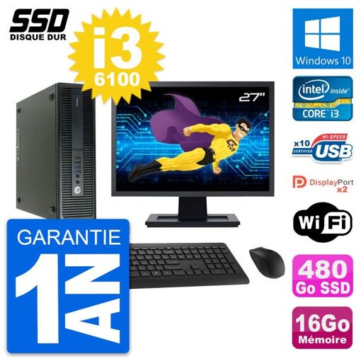 Computadora HP ProDesk 600 G2 SFF - Pantalla de 27", Procesador Intel Core i3-6100, 16 GB de RAM, SSD de 480 GB, Windows 10
