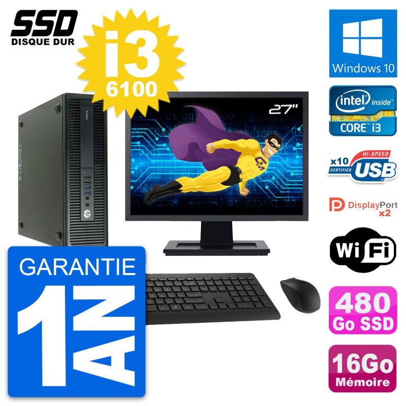 HP ProDesk 600 G2 SFF Computer - 27" Display, Intel Core i3-6100, 16GB RAM, 480GB SSD, Windows 10