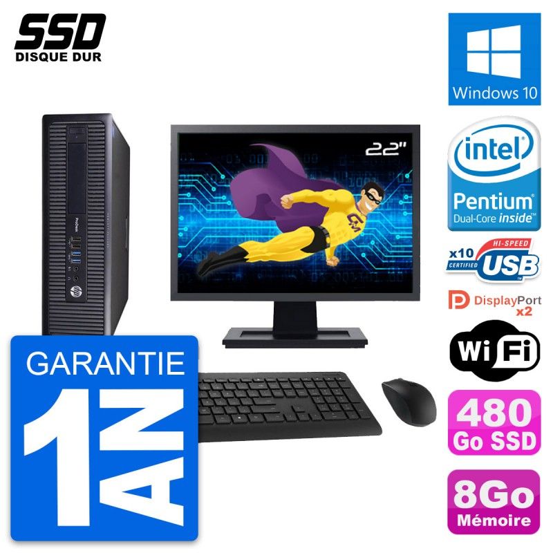 HP ProDesk 600 G1 SFF Computer - 22" Screen, Intel Pentium G3220, 8GB RAM, 480GB SSD, Windows 10, WiFi