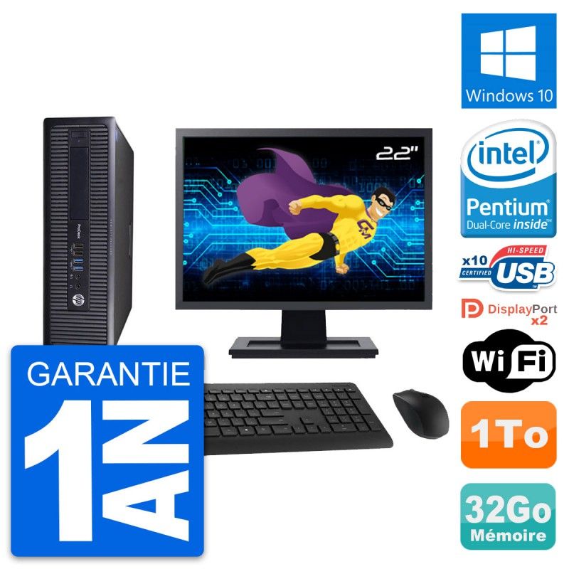 HP ProDesk 600 G1 SFF Computer, 22" Screen, Intel Pentium G3220, 32GB RAM, 1TB Storage, Windows 10, WiFi