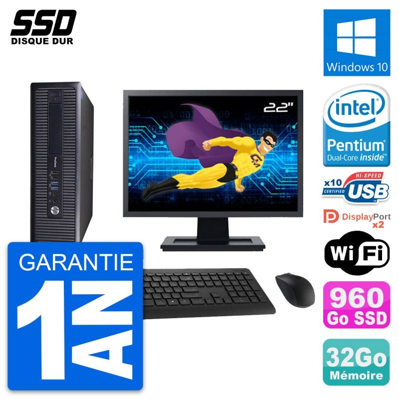 HP ProDesk 600 G1 SFF Computer, 22" Screen, Intel Pentium G3220, 32GB RAM, 960GB SSD, Windows 10, WiFi