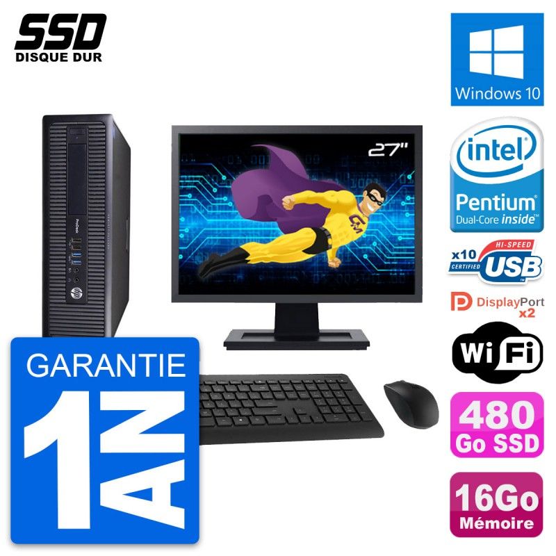HP ProDesk 600 G1 SFF Computer - 27" Screen, Intel Pentium G3220, 16GB RAM, 480GB SSD, Windows 10, WiFi