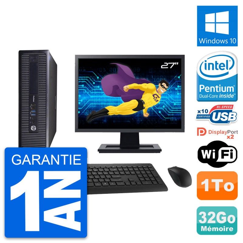 HP ProDesk 600 G1 SFF PC - 27" Screen, Intel Pentium G3220, 32GB RAM, 1TB Storage, Windows 10