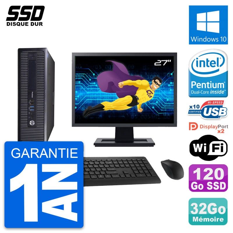 HP ProDesk 600 G1 SFF Computer - 27" Screen, Intel Pentium G3220, 32GB RAM, 120GB SSD, Windows 10, WiFi