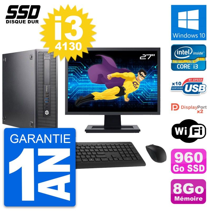 HP ProDesk 600 G1 SFF Desktop PC - 27" Screen, i3-4130, 8GB RAM, 960GB SSD, Windows 10, Wifi