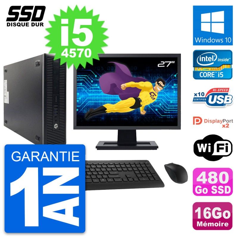 HP ProDesk 600 G1 SFF Computer, 27" Screen, Intel Core i5-4570, 16GB RAM, 480GB SSD, Windows 10, WiFi