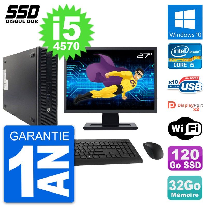 HP ProDesk 600 G1 SFF Computer - 27" Screen, Intel Core i5-4570, 32GB RAM, 120GB SSD, Windows 10, WiFi
