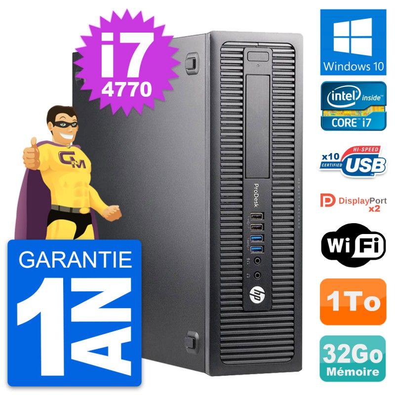 Ordinateur de bureau HP ProDesk 600 G1 SFF - Processeur Intel i7-4770, 32 Go de RAM, 1 To HDD, Windows 10, Wi-Fi