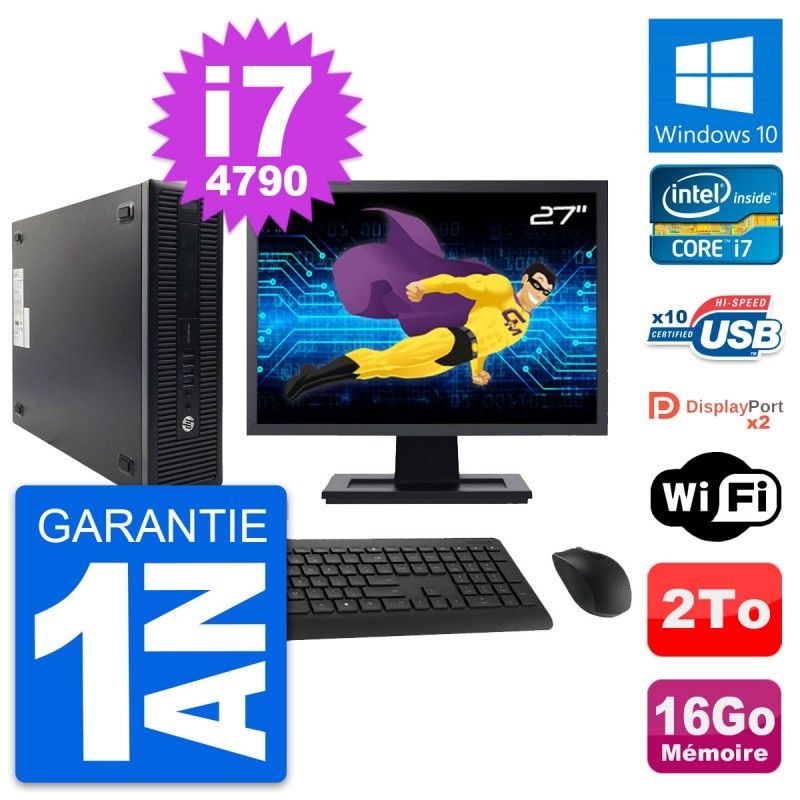 HP ProDesk 600 G1 SFF Desktop Computer, 27" Screen, Intel i7-4790, 16GB RAM, 2TB HDD, Windows 10, WiFi
