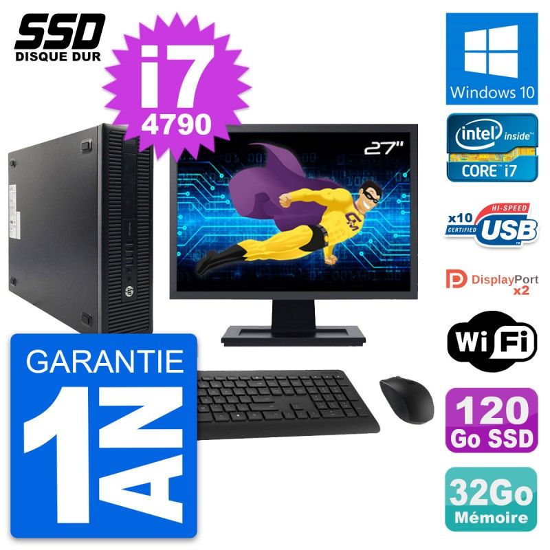HP ProDesk 600 G1 SFF Desktop Computer, 27" Screen, Intel Core i7-4790, 32GB RAM, 120GB SSD, Windows 10, WiFi