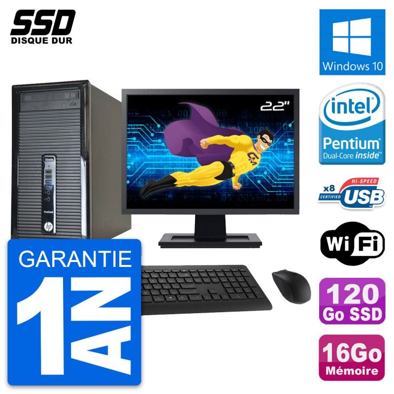 HP ProDesk 400 G1 Desktop Computer, 22" Screen, Intel Pentium G3220, 16GB RAM, 120GB SSD, Windows 10, WiFi