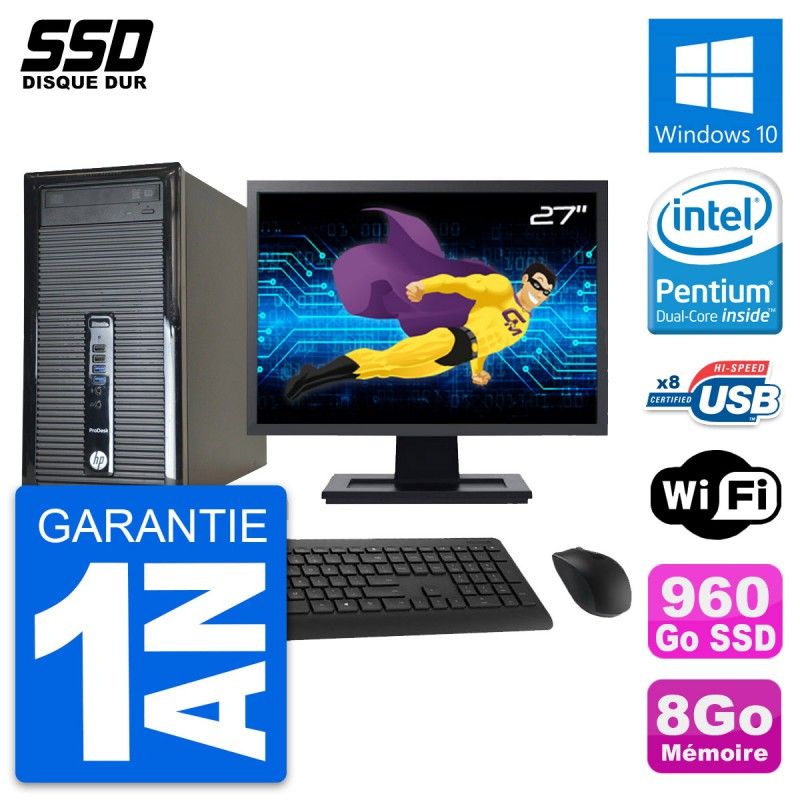 HP ProDesk 400 G1 Desktop PC - 27" Screen, Intel Pentium Dual-Core G3220, 8GB RAM, 960GB SSD, Windows 10, WiFi