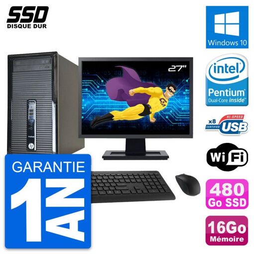 PC de escritorio HP ProDesk 400 G1 - Pantalla de 27", Procesador Intel Pentium G3220, 16 GB de RAM, 480 GB SSD, Windows 10