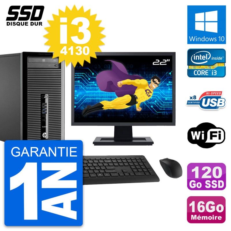 HP ProDesk 400 G1 Desktop Computer, 22" Screen, Intel i3-4130, 16GB RAM, 120GB SSD, Windows 10, WiFi