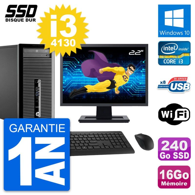 HP ProDesk 400 G1 Desktop PC - 22" Screen, Intel i3-4130, 16GB RAM, 240GB SSD, Windows 10