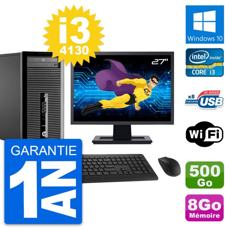 HP ProDesk 400 G1 Desktop Computer, 27-inch Screen, Intel i3-4130, 8GB RAM, 500GB Hard Drive, Windows 10, WiFi