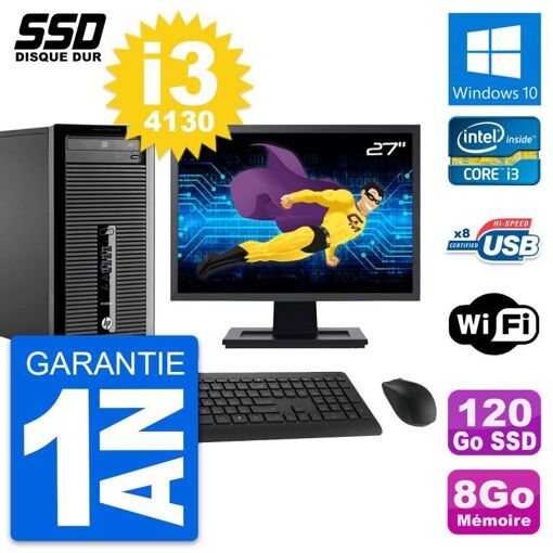 PC de escritorio HP ProDesk 400 G1 - Pantalla de 27', Intel Core i3-4130, 8GB RAM, 120GB SSD, Windows 10, WiFi