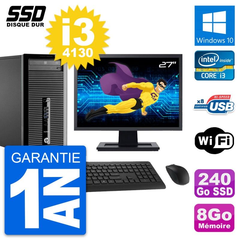 HP ProDesk 400 G1 Desktop Computer - 27" Screen, i3-4130, 8GB RAM, 240GB SSD, Windows 10, Wifi