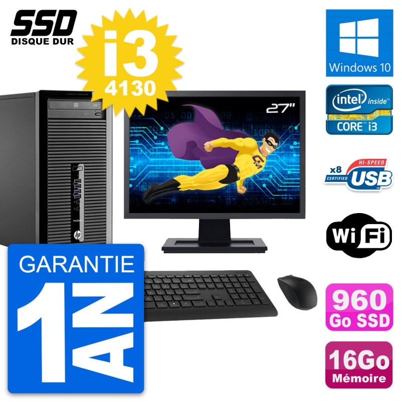 HP ProDesk 400 G1 Desktop PC - 27" Screen, Intel i3-4130, 16GB RAM, 960GB SSD, Windows 10, WiFi