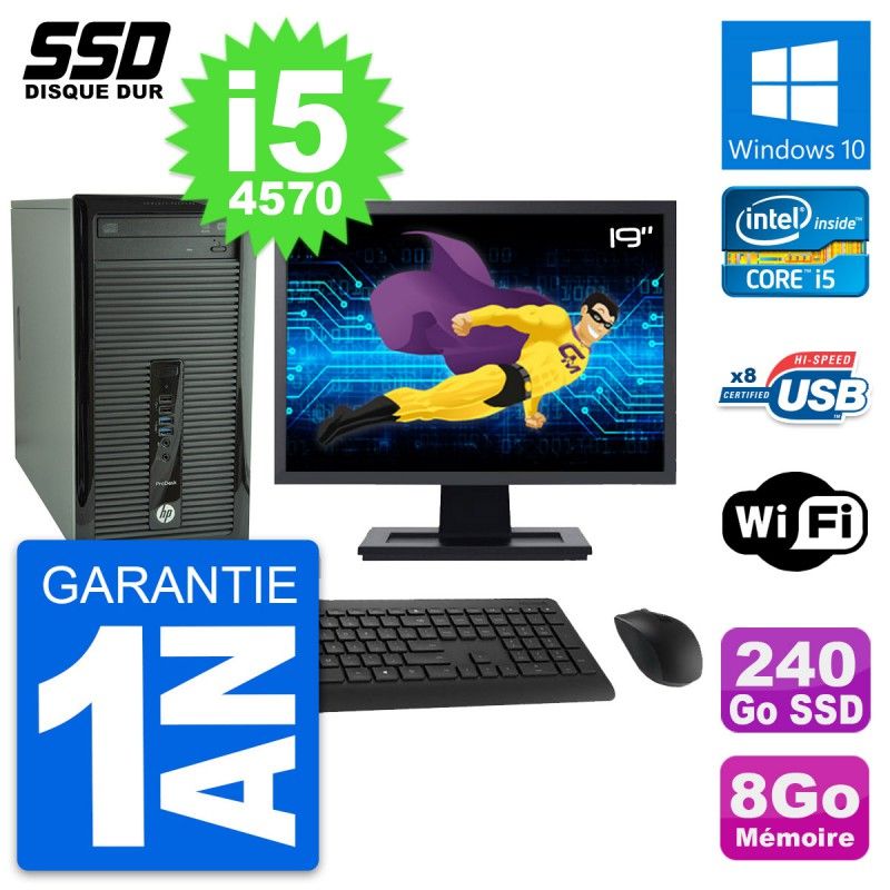 HP ProDesk 400 G1 Desktop PC - 19" Screen, i5-4570, 8GB RAM, 240GB SSD, Windows 10, WiFi