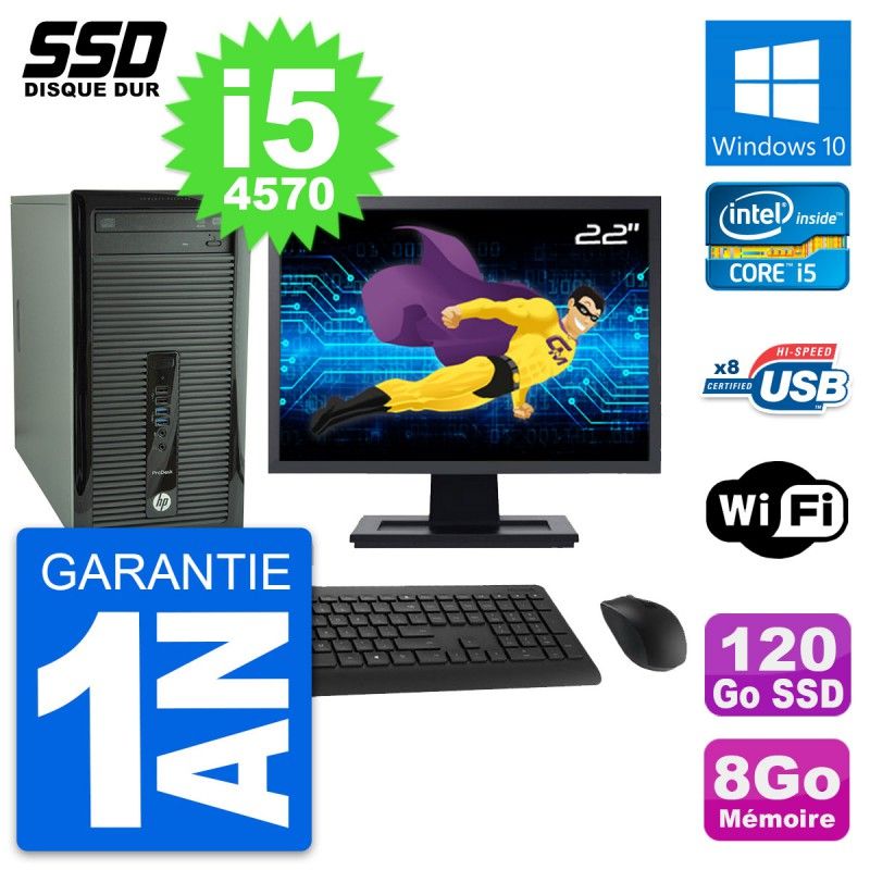 HP ProDesk 400 G1 Desktop Computer - 22" Screen, i5-4570, 8GB RAM, 120GB SSD, Windows 10, WiFi