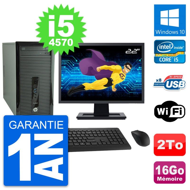 PC de escritorio HP ProDesk 400 G1, pantalla de 22', procesador Intel i5-4570, 16 GB de RAM, disco duro de 2 TB, Windows 10, WiFi