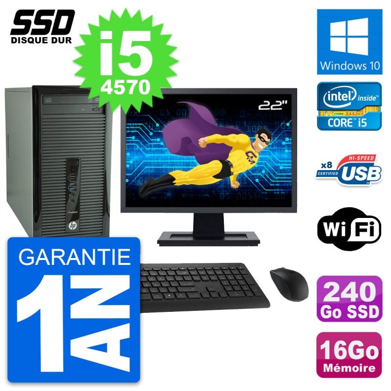 PC de escritorio HP ProDesk 400 G1, pantalla de 22', procesador Intel i5-4570, 16 GB RAM, 240 GB SSD, Windows 10, WiFi