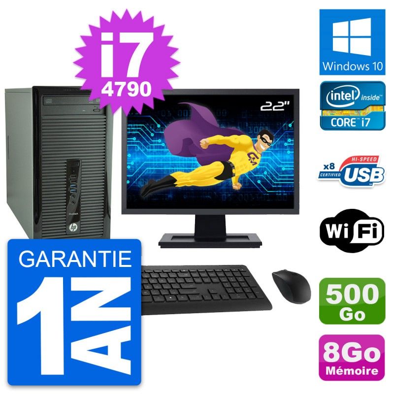 Ordinateur de bureau HP ProDesk 400 G1 - Écran 22'', processeur Intel i7-4790, 8 Go de RAM, disque dur 500 Go