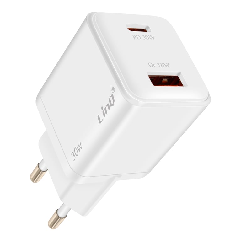 Cargador LinQ 30W de entrega de energía USB-C + 18W de carga rápida 3.0 compacto blanco