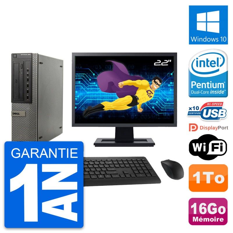 Dell OptiPlex 990 DT Desktop PC - 22" Screen, Intel Pentium G630, 16GB RAM, 1TB Storage, WiFi, Windows 10