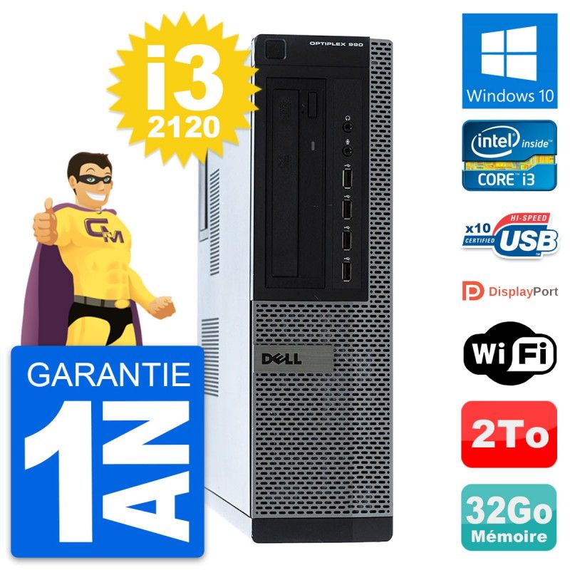 Dell OptiPlex 990 DT Desktop Computer - Intel i3-2120, 32GB RAM, 2TB HDD, Windows 10, WiFi