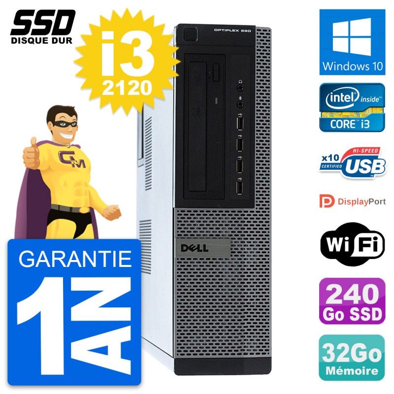 Dell OptiPlex 990 DT Desktop - Intel Core i3-2120, 32GB RAM, 240GB SSD, Windows 10, WiFi