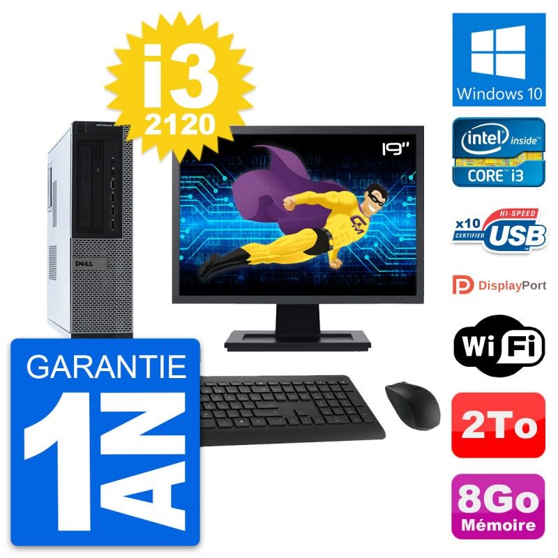 Ordinateur de bureau Dell OptiPlex 990 DT - Écran 19'', processeur Intel i3-2120, 8 Go de RAM, 2 To HDD, Windows 10, WiFi