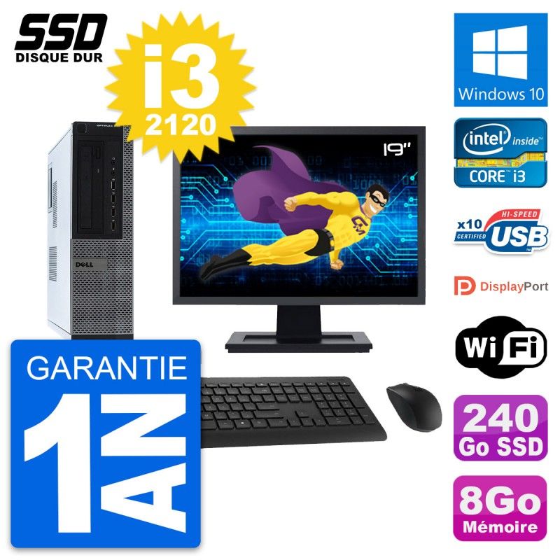 Dell OptiPlex 990 DT Desktop Computer, 19" Screen, i3-2120, 8GB RAM, 240GB SSD, Windows 10, WiFi
