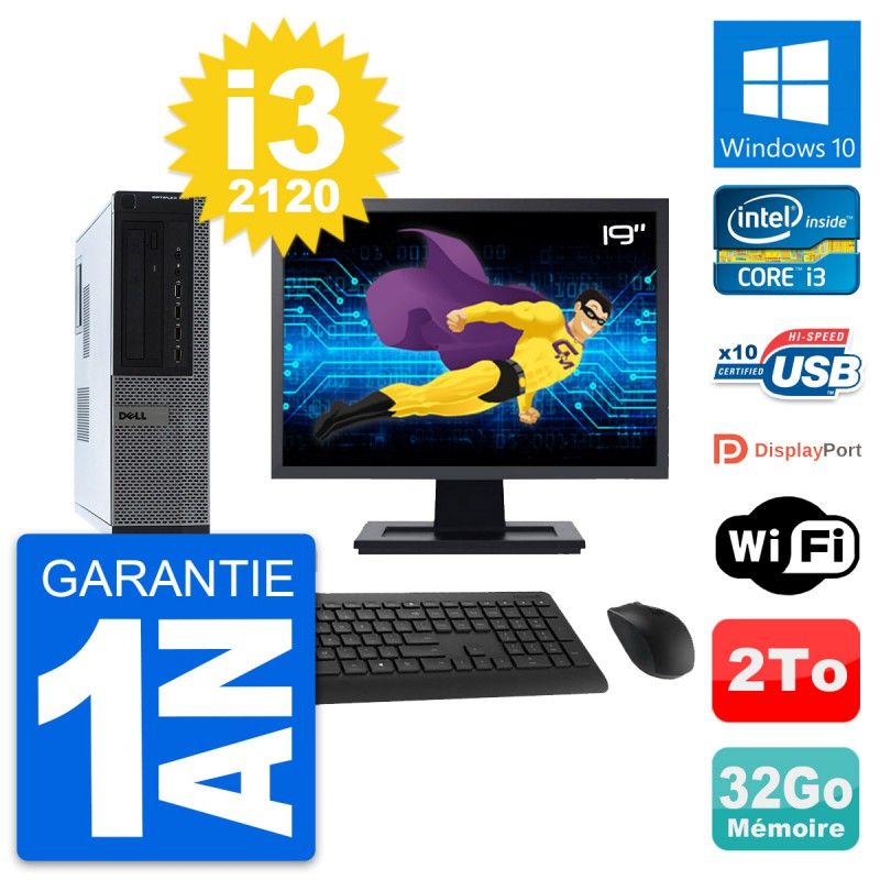 Ordinateur de bureau Dell OptiPlex 990 DT - Écran 19', Processeur Intel i3-2120, 32 Go de RAM, Disque dur 2 To, Windows 10, Wi-Fi