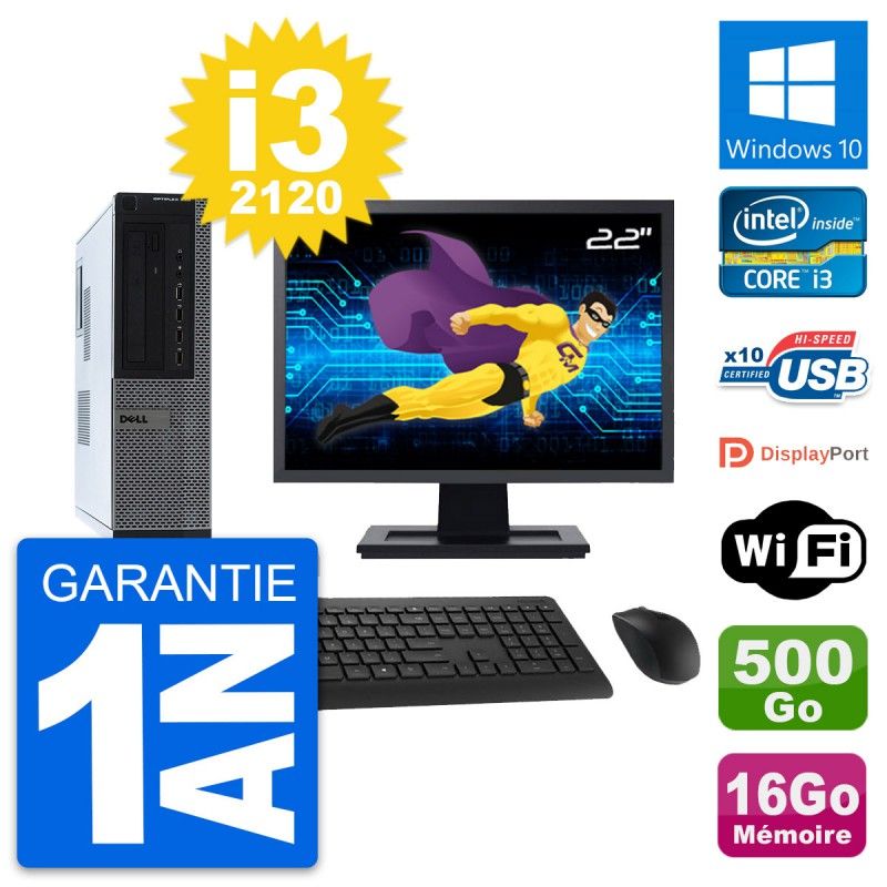Dell OptiPlex 990 DT Desktop PC - 22" Screen, Intel i3-2120, 16GB RAM, 500GB HDD, Windows 10, WiFi