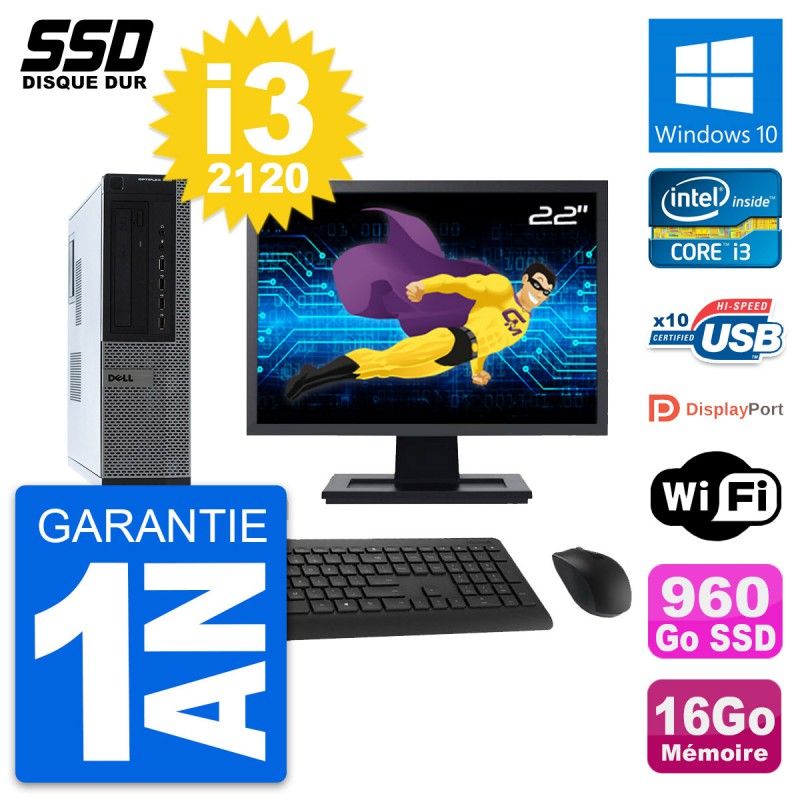 Dell OptiPlex 990 DT Desktop PC - 22" Screen, Intel Core i3-2120, 16GB RAM, 960GB SSD, Windows 10, WiFi