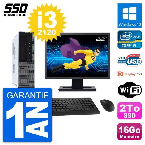 Dell OptiPlex 990 DT Desktop PC - 22" Screen, Intel Core i3-2120, 16GB RAM, 2TB SSD, Windows 10, WiFi