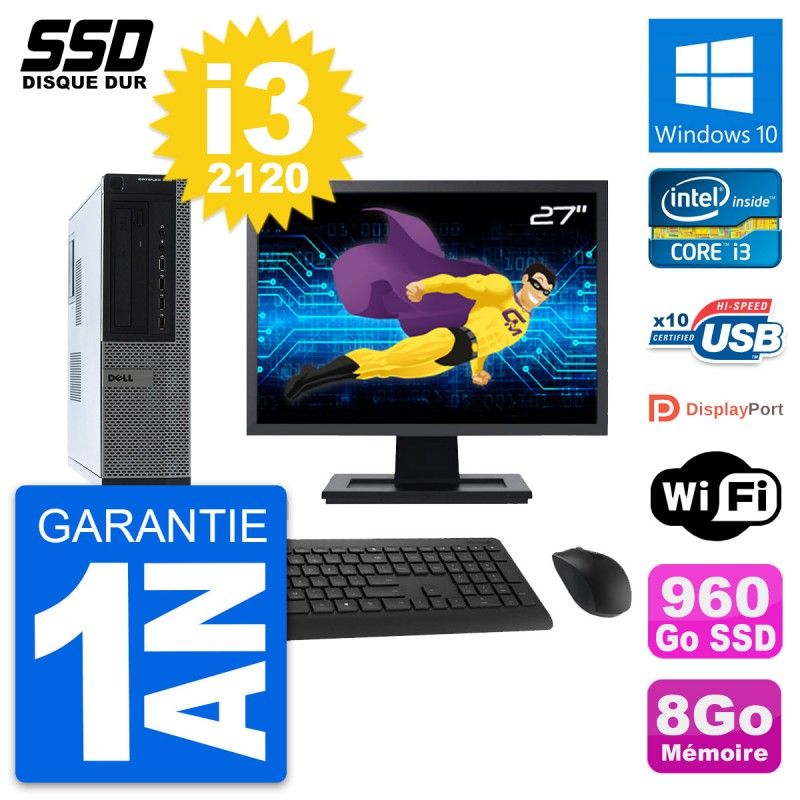 Dell OptiPlex 990 DT 27-Inch Screen i3-2120 8GB RAM SSD 960GB Windows 10 WiFi Desktop Computer