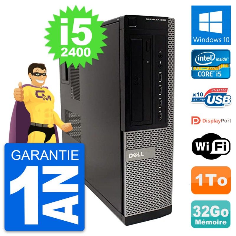 PC de escritorio Dell OptiPlex 990 DT - Procesador Intel i5-2400, 32GB de RAM, 1TB HDD, Windows 10, WiFi