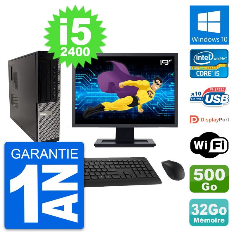 Dell OptiPlex 990 DT Desktop PC - 19" Screen, Intel i5-2400, 32GB RAM, 500GB HDD, Windows 10, WiFi