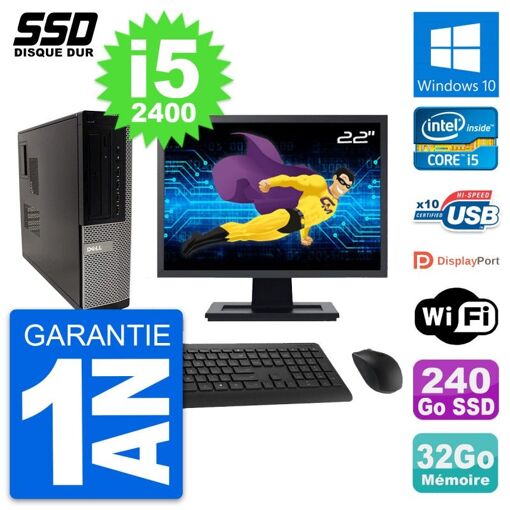PC de escritorio Dell OptiPlex 990 DT - Pantalla de 22'', Intel Core i5-2400, 32GB de RAM, 240GB SSD, Windows 10, WiFi