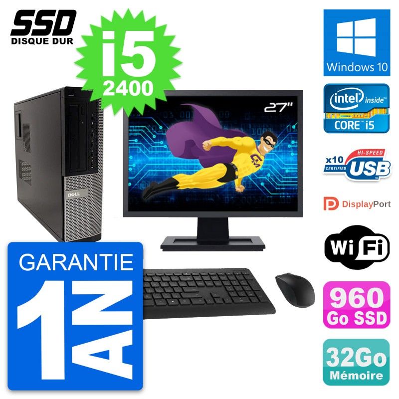 Dell OptiPlex 990 DT Desktop Computer, 27" Screen, Intel Core i5-2400, 32GB RAM, 960GB SSD, Windows 10, Wifi