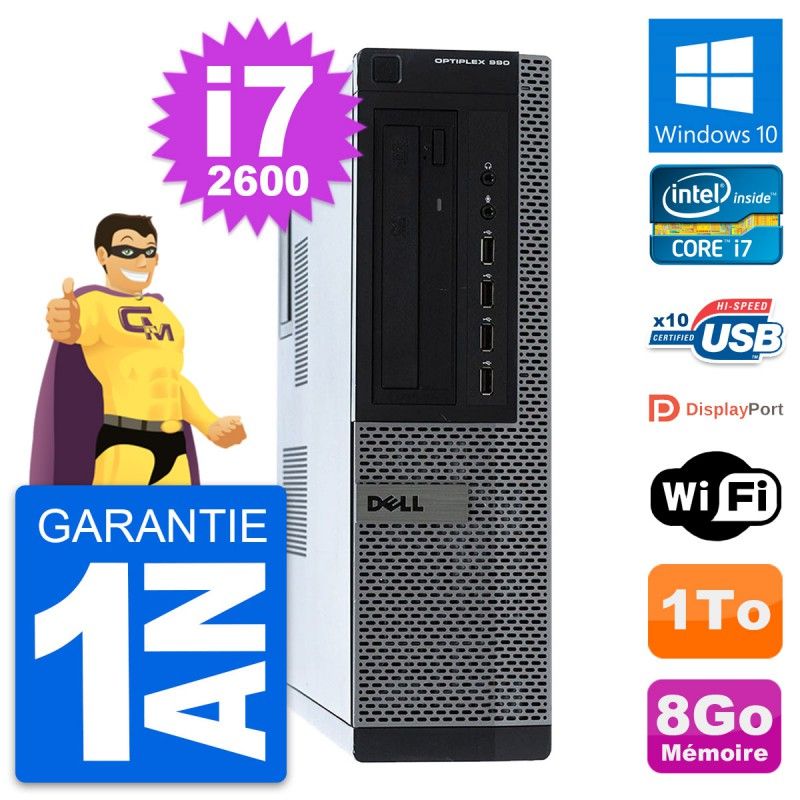 Dell OptiPlex 990 DT Desktop Computer - Intel Core i7-2600, 8GB RAM, 1TB HDD, Windows 10, WiFi