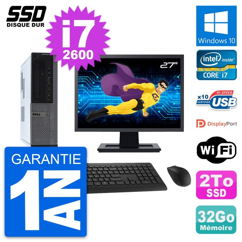 Dell OptiPlex 990 DT Desktop Computer, 27" Screen, Intel Core i7-2600, 32GB RAM, 2TB SSD, Windows 10, WiFi