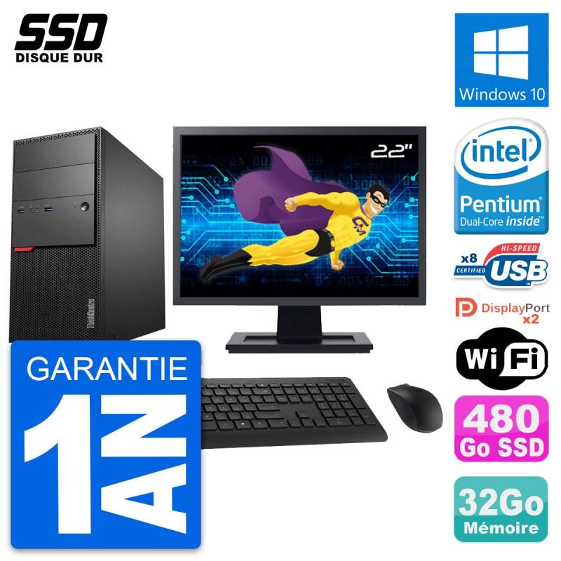Lenovo M900 Desktop PC - 22" Screen, Intel G4400, 32GB RAM, 480GB SSD, Windows 10, WiFi