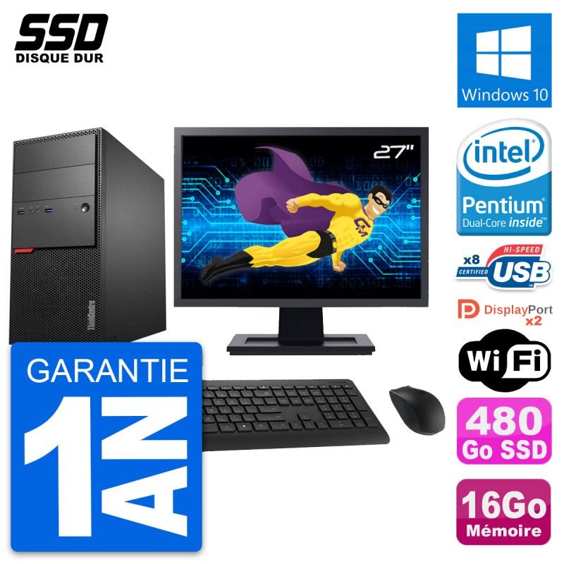 Lenovo M900 Desktop PC - 27" Screen, Intel G4400, 16GB RAM, 480GB SSD, Windows 10, WiFi
