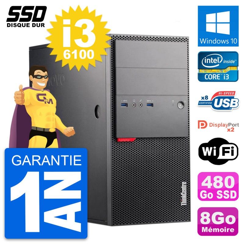 Lenovo ThinkCentre M900 Desktop PC - Intel i3-6100, 8GB RAM, 480GB SSD, Windows 10, Wifi