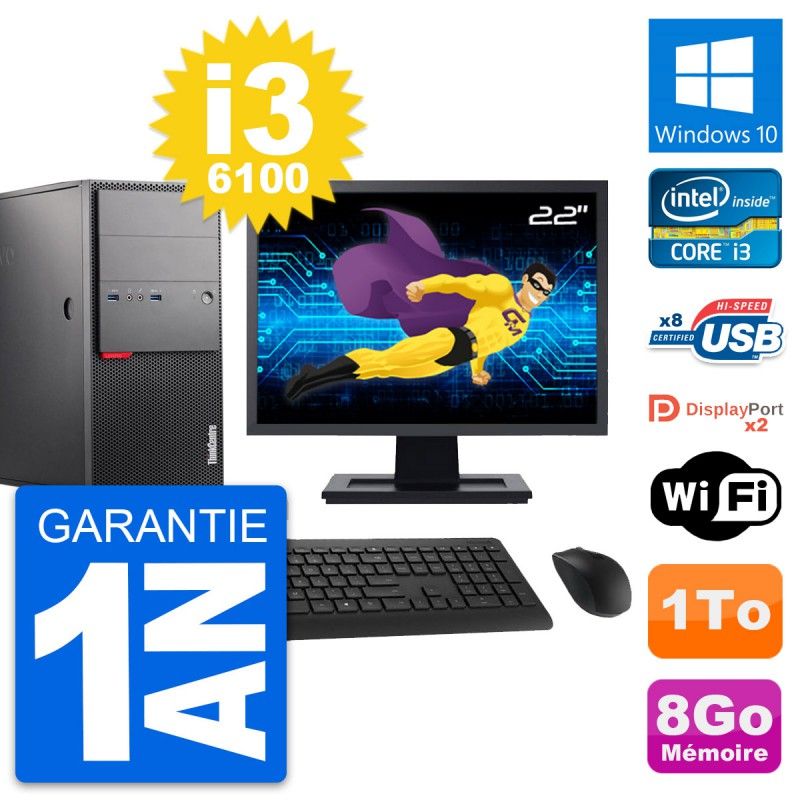 Lenovo M900 Desktop Computer, 22" Screen, Intel i3-6100, 8GB RAM, 1TB Storage, Windows 10, WiFi